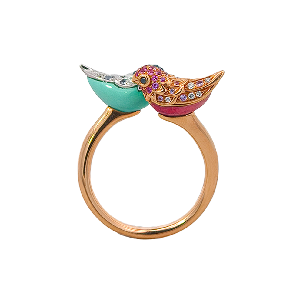 18KT Rose Gold Duet Ring with Rainbow Sapphires, Tsavorite & Diamonds