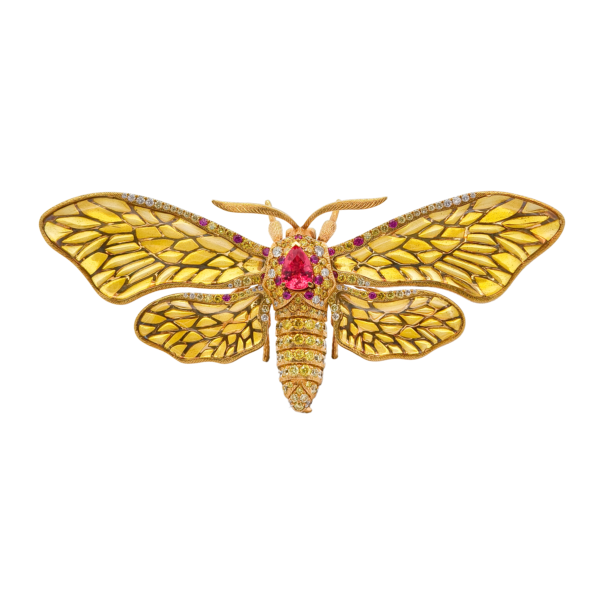 18K Yellow Gold Moth Brooch with Spinel, Rubies, Diamonds & Enamel