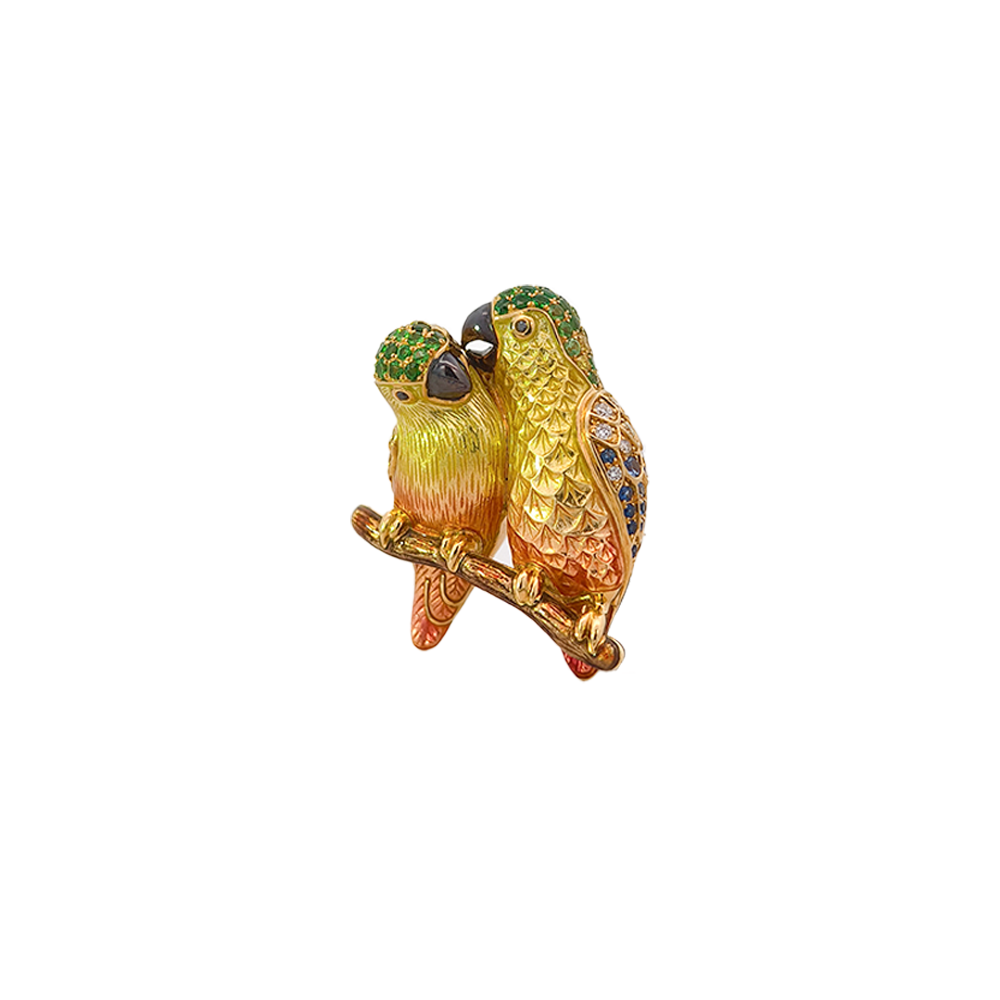18KT Yellow Gold Duet Parrots Brooch with Sapphires, Tsavorites, Diamonds & Enamel