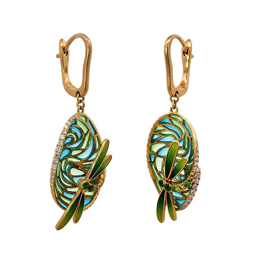 18KT Yellow Gold Enamel, Yellow Sapphire, Tsavorite & Diamond Earrings