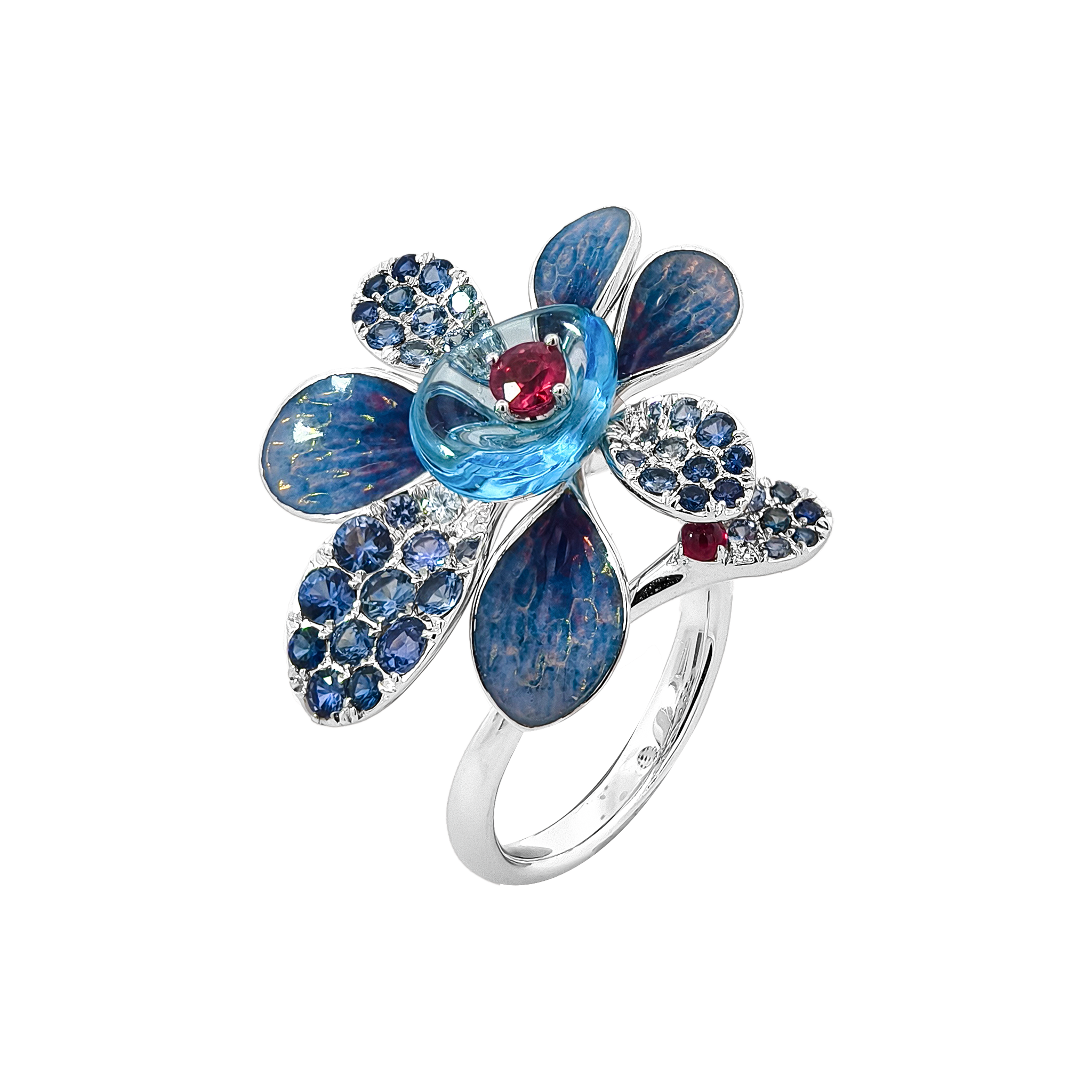 18KT White Gold Ruby, Sapphire & Crystal Enamel Diamond Ring