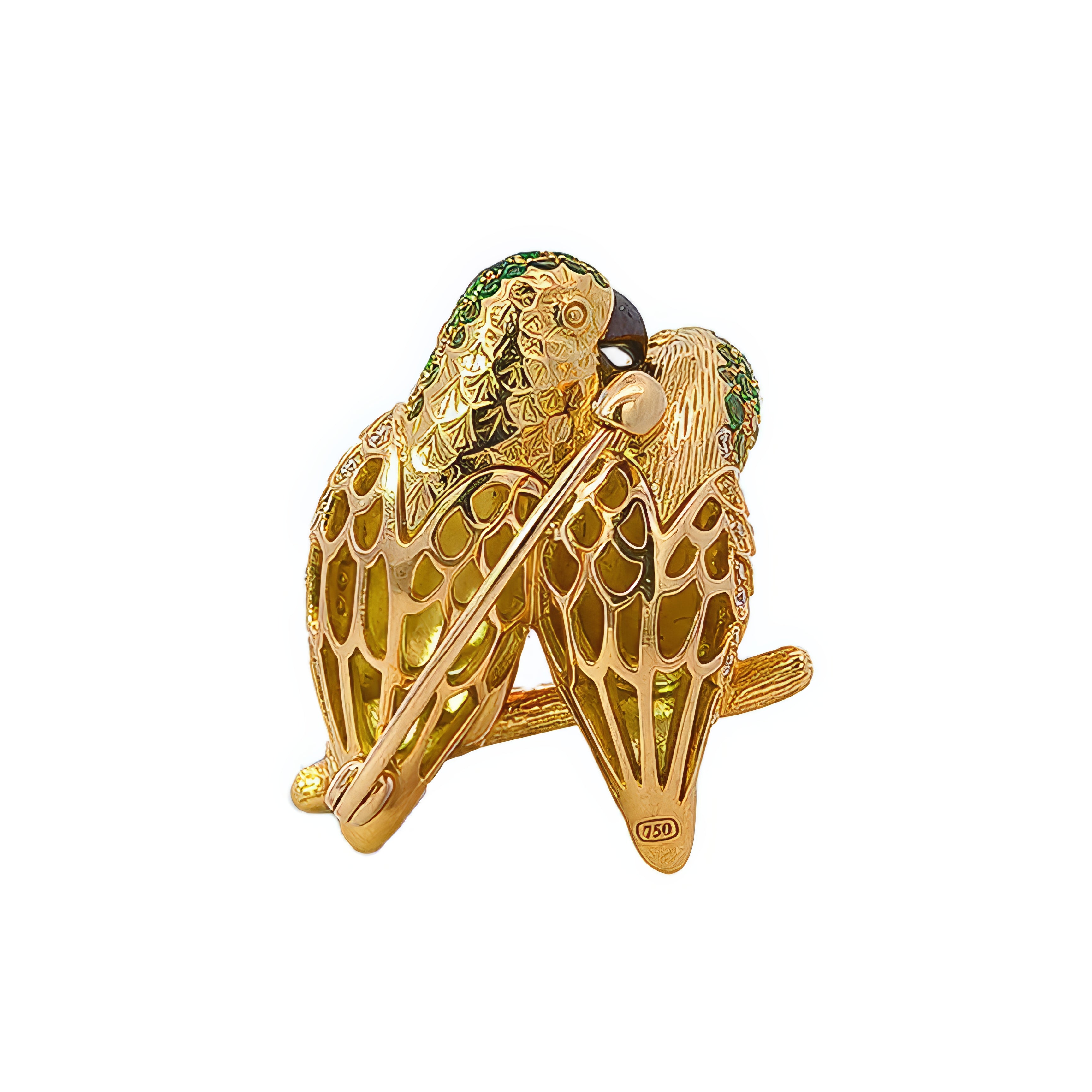 18KT Yellow Gold Duet Parrots Brooch with Sapphires, Tsavorites, Diamonds & Enamel