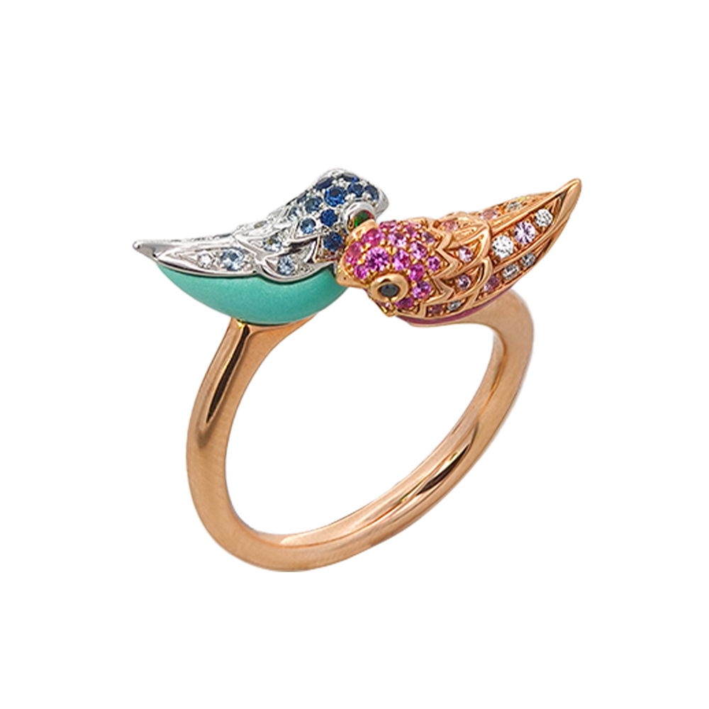 18KT Rose Gold Duet Ring with Rainbow Sapphires, Tsavorite & Diamonds