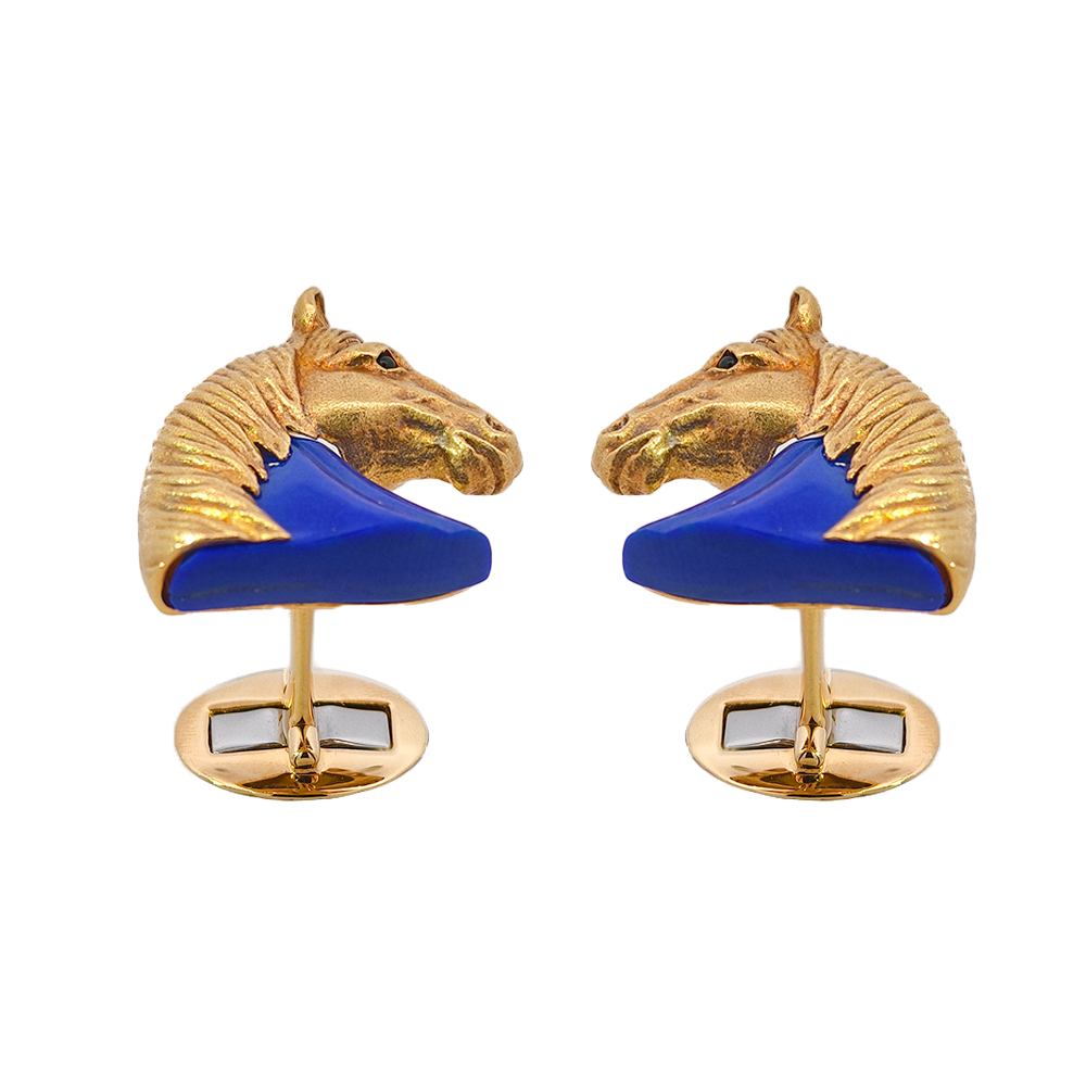 18KT Gold Lapis Horse Head Cufflinks with Tsavorite
