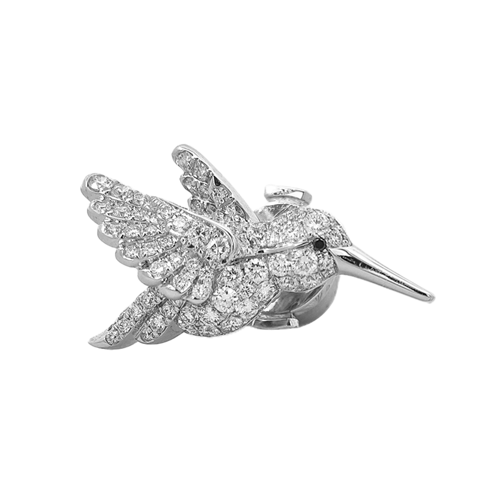 18KT White Gold BKAura Hummingbird Brooch with Black & White Diamonds