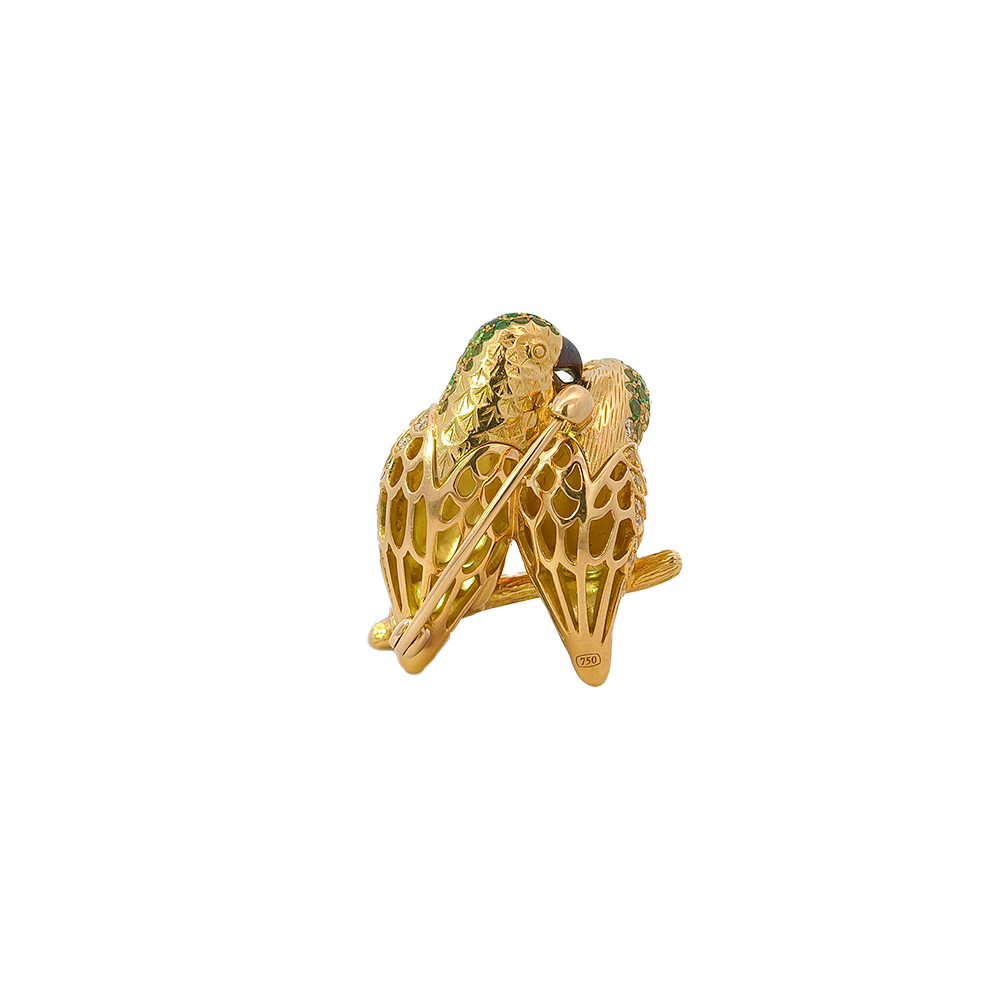 18KT Yellow Gold Duet Parrots Brooch with Sapphires, Tsavorites, Diamonds & Enamel