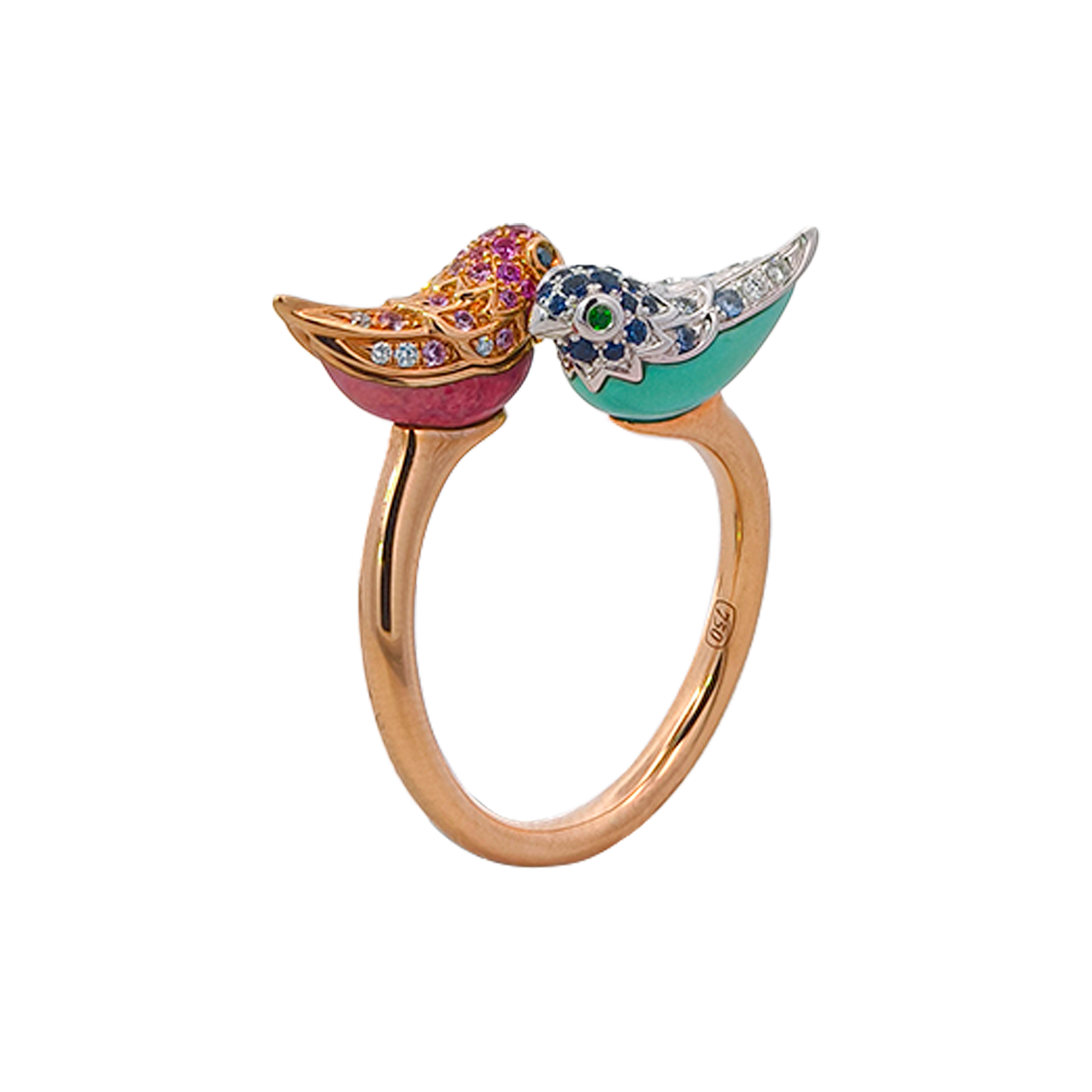 18KT Rose Gold Duet Ring with Rainbow Sapphires, Tsavorite & Diamonds