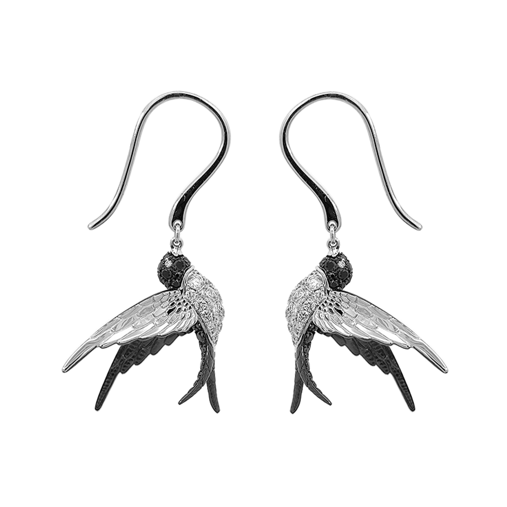18KT White Gold Voyage Swallow Earrings with Black & White Diamonds