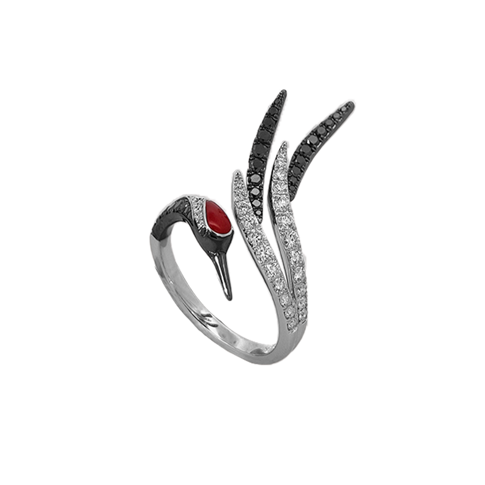 18KT White Gold Aether Red-crowned Crane Ring with Red Coral & Diamonds