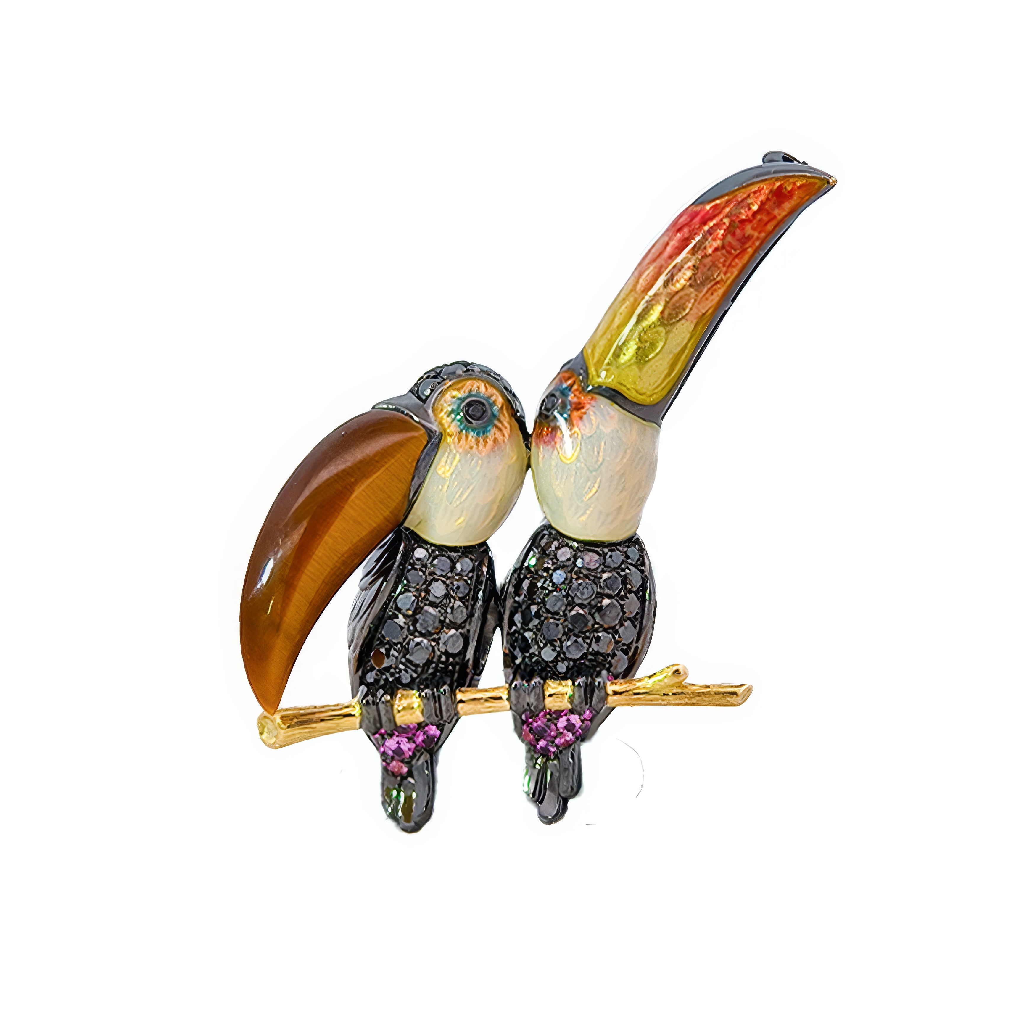 18KT Yellow Gold Duet Toucans Brooch with Pink Sapphires, Diamonds, Tiger’s Eye & Enamel