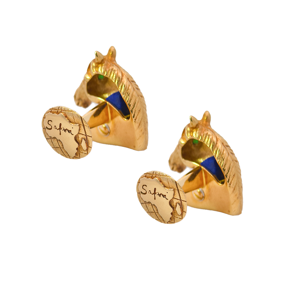 18KT Gold Lapis Horse Head Cufflinks with Tsavorite
