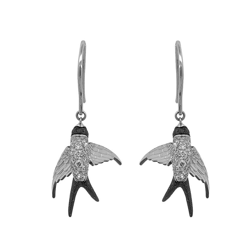 18KT White Gold Voyage Swallow Earrings with Black & White Diamonds