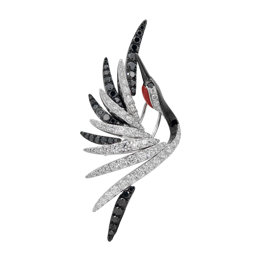 18KT White Gold Aether Red-crowned Crane Brooch with Red Coral & Diamonds