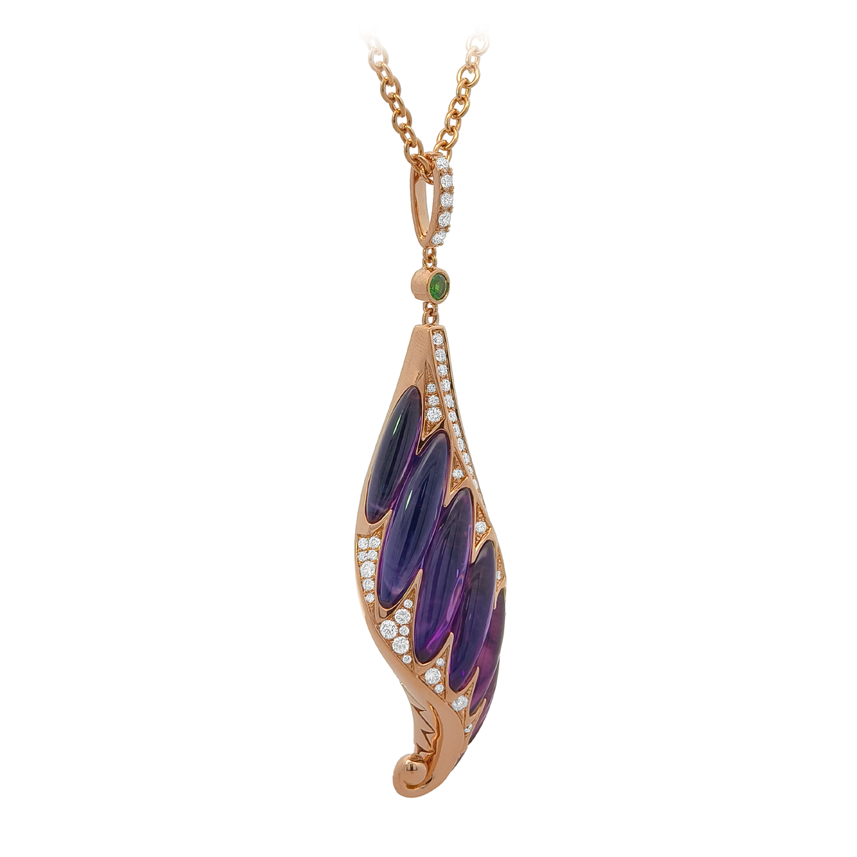 18KT Rose Gold Amethyst, Tsavorite, Enamel & Diamond Pendant