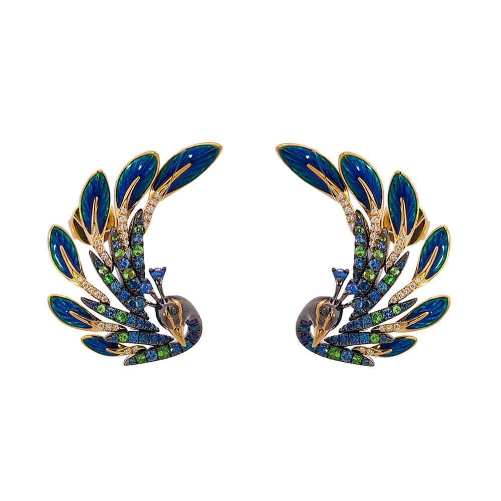 18K Yellow Gold & Black Rhodium, Enamel, Color Precious Stone & Diamond Earrings