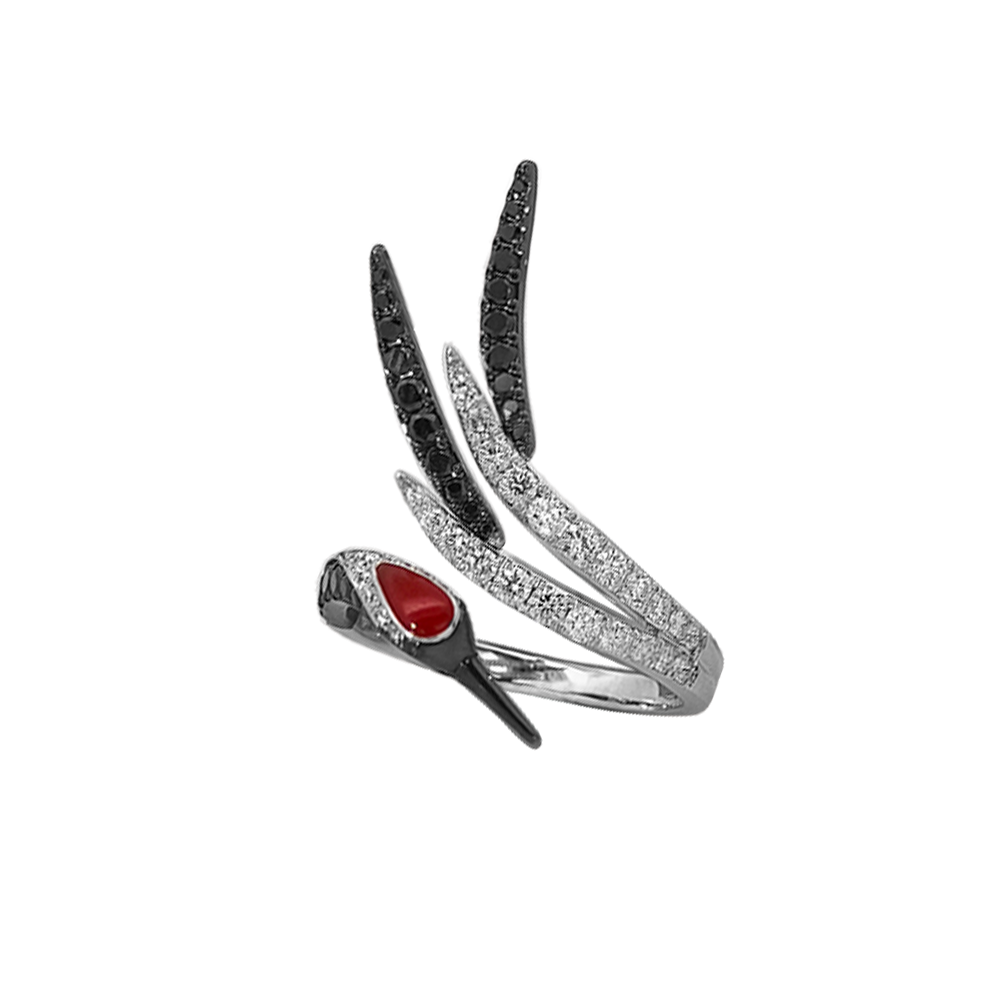 18KT White Gold Aether Red-crowned Crane Ring with Red Coral & Diamonds