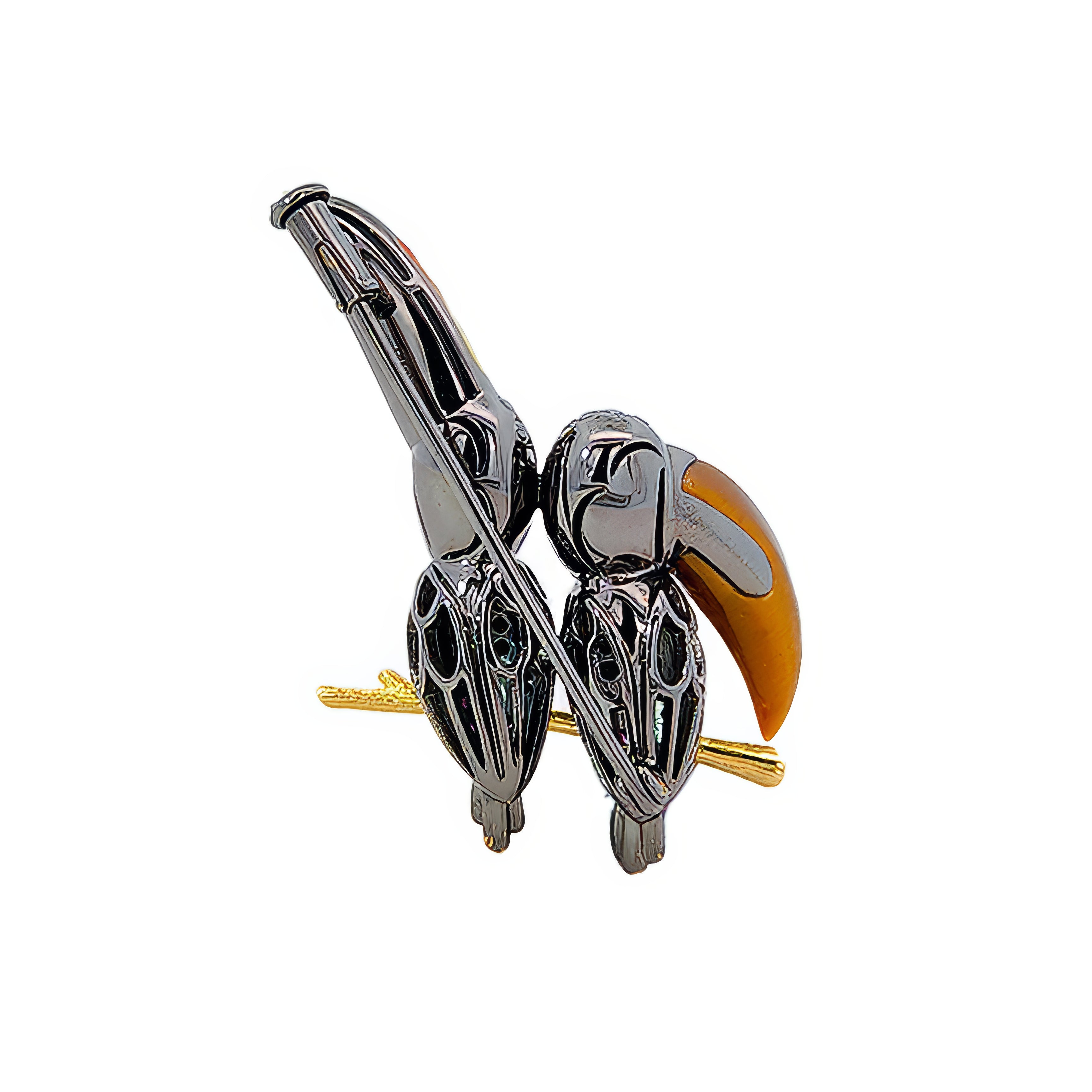 18KT Yellow Gold Duet Toucans Brooch with Pink Sapphires, Diamonds, Tiger’s Eye & Enamel
