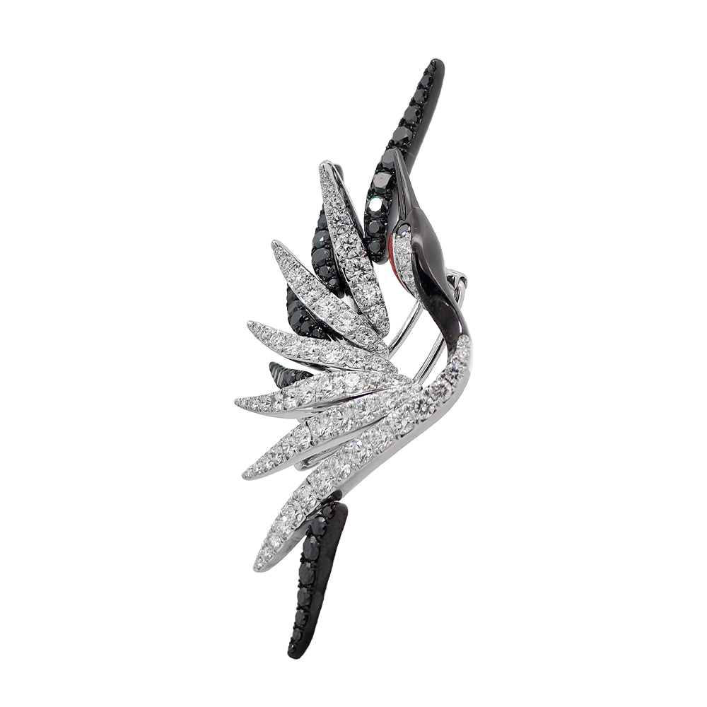 18KT White Gold Aether Red-crowned Crane Brooch with Red Coral & Diamonds