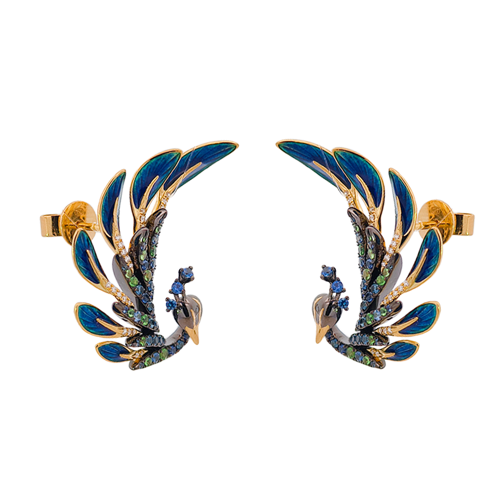 18K Yellow Gold & Black Rhodium, Enamel, Color Precious Stone & Diamond Earrings