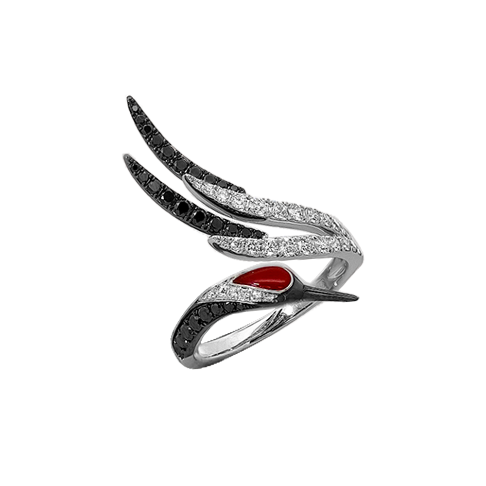 18KT White Gold Aether Red-crowned Crane Ring with Red Coral & Diamonds