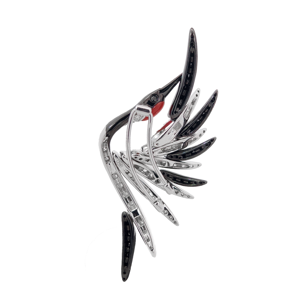 18KT White Gold Aether Red-crowned Crane Brooch with Red Coral & Diamonds