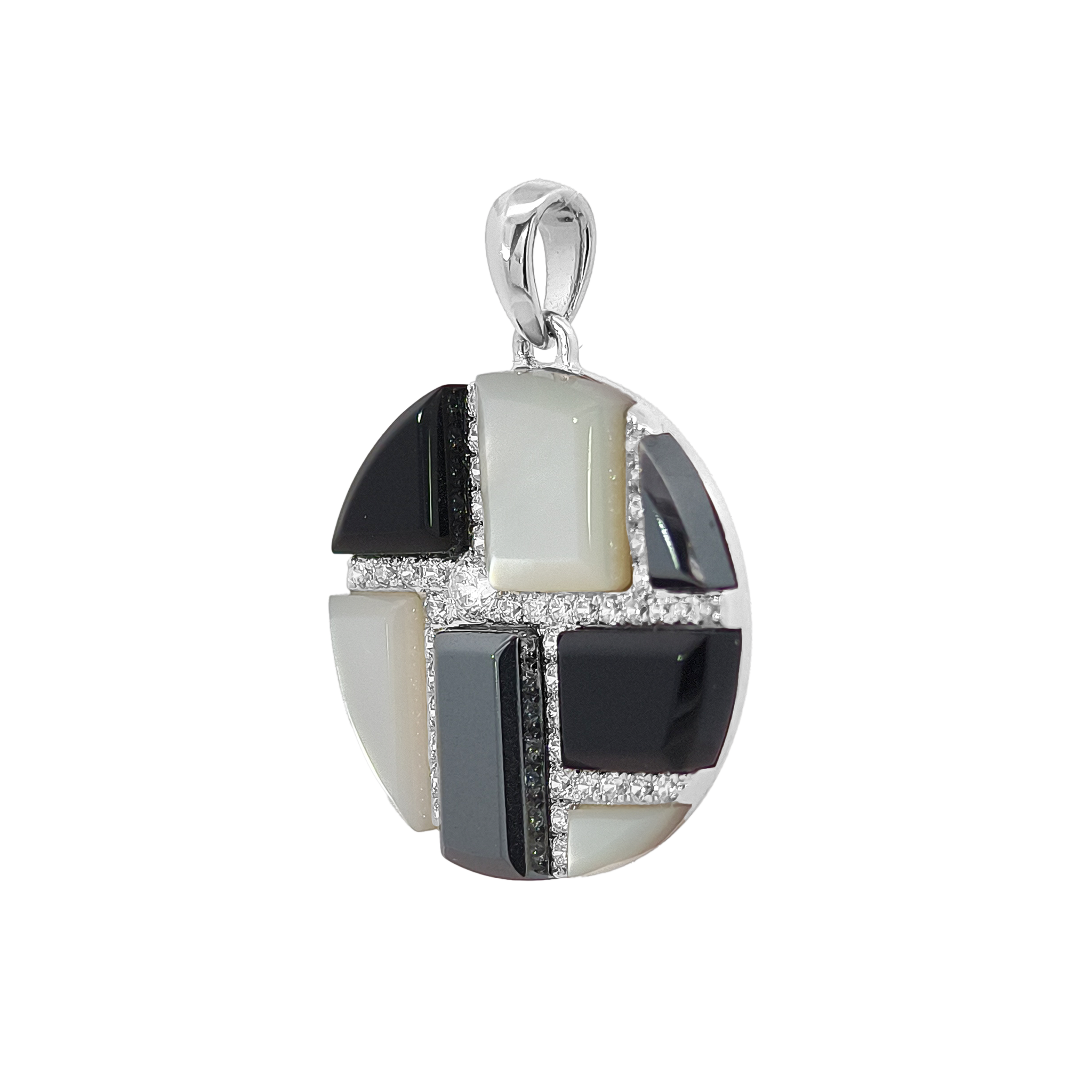Onyx, Hematite, White MOP & Diamond Pendant