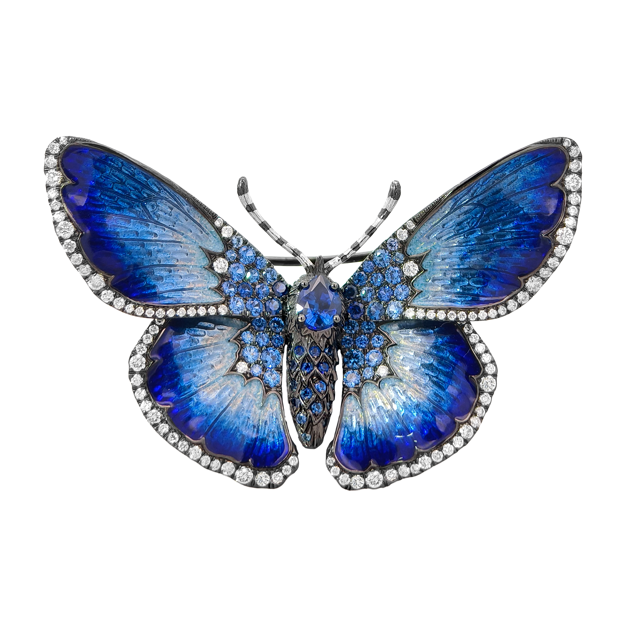 18K White Gold Sapphire & Enamel Butterfly Brooch