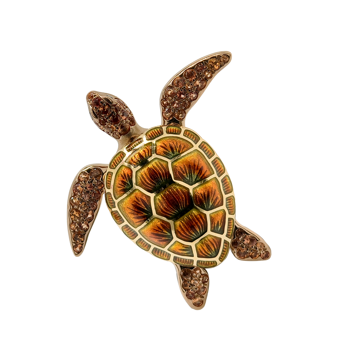 18KT Yellow Gold with Enamel, Orange Sapphire & Black Diamond Turtle Brooch / Pendant