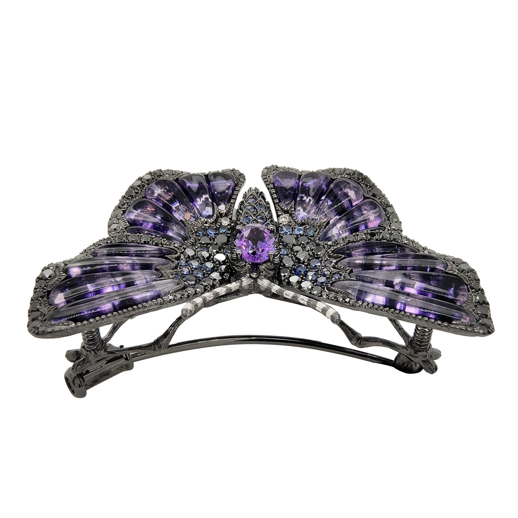 18KT Yellow Gold Amethyst, Sapphire & Diamond Butterfly Brooch