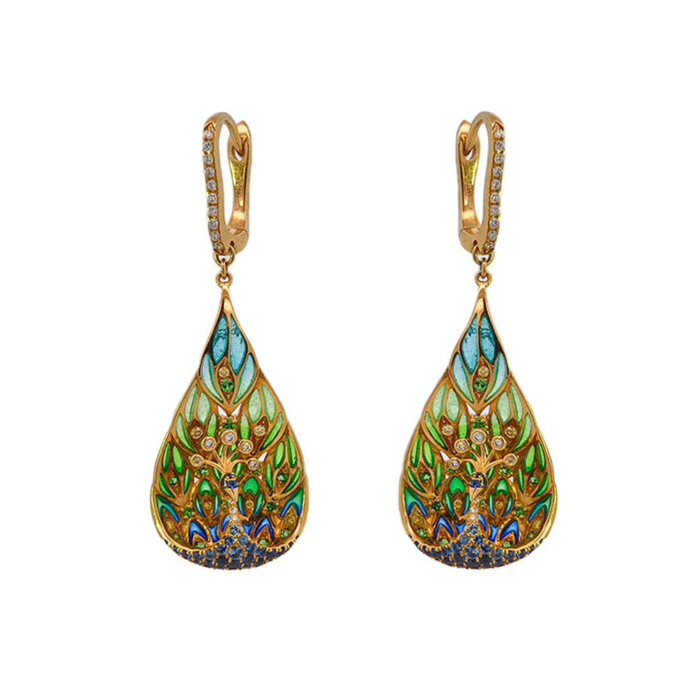 18KT Yellow Gold Enamel, Sapphire, Tsavorite & Diamond Earrings