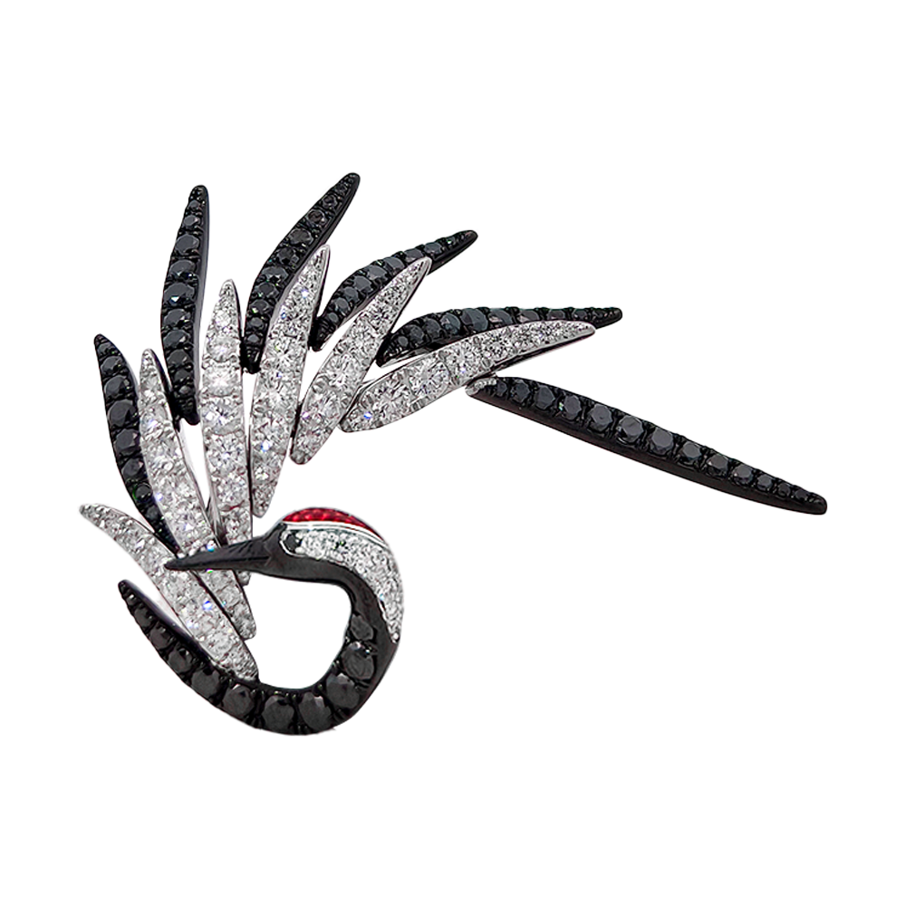 18KT White Aether Red-crowned Crane Brooch with Enamel & Diamonds