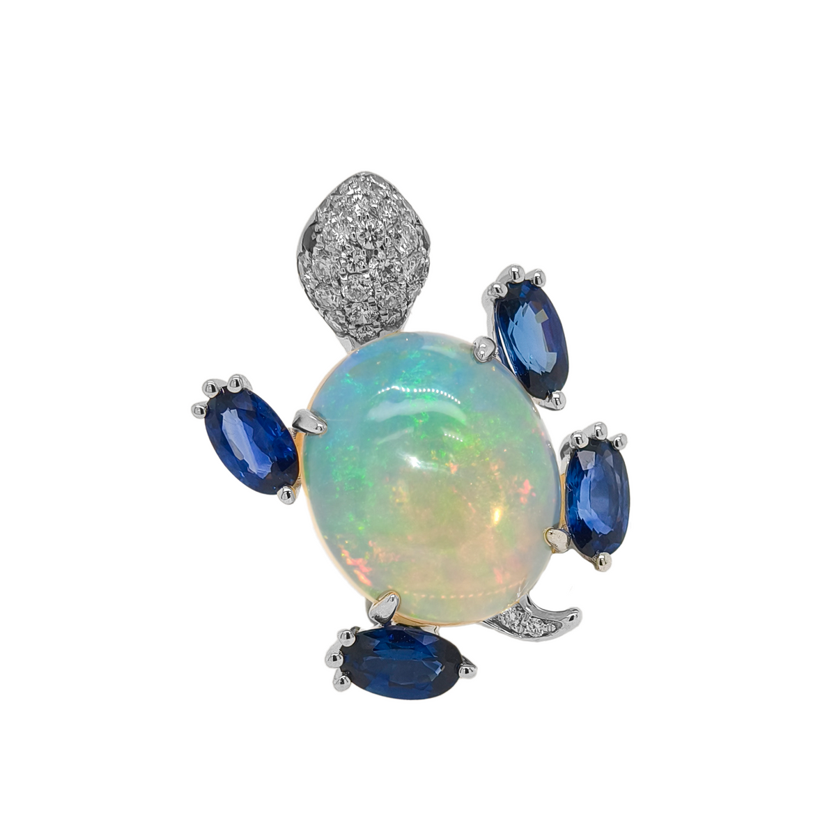 18KT White Gold with Opal, Sapphire & Diamond Turtle Brooch / Pendant