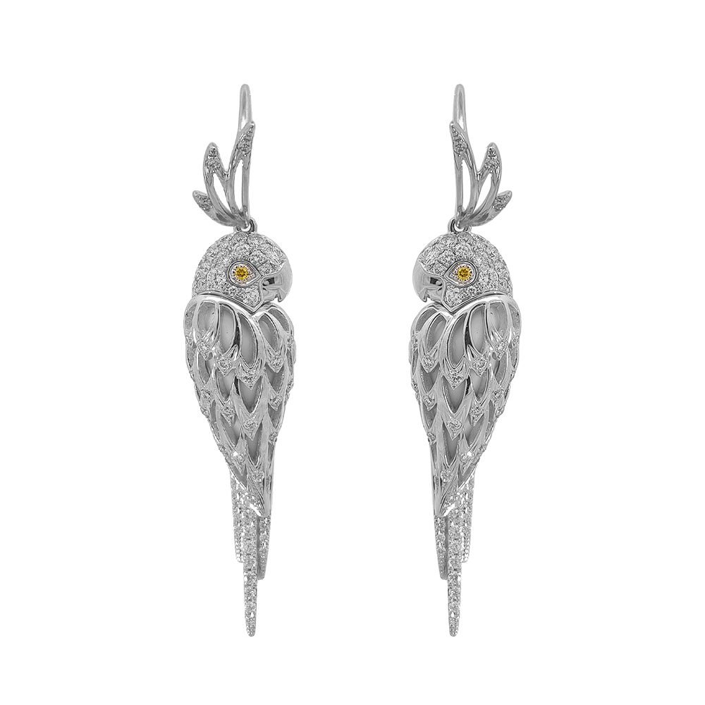 18KT White Gold Tropic Parrot Earrings with White Agate & Diamonds