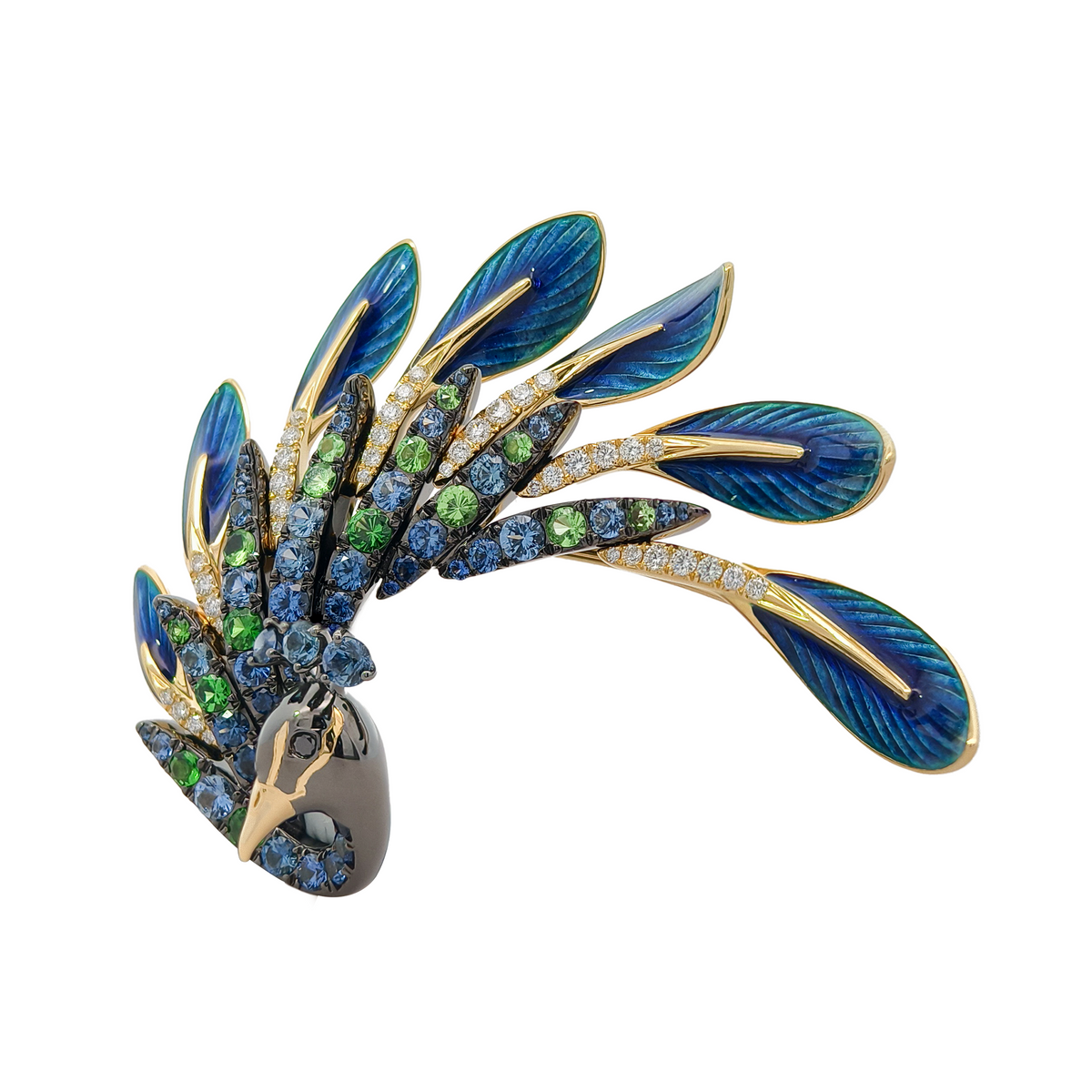 18K Yellow Gold & Black Rhodium,  Enamel, Color Precious Stone & Diamond Brooch