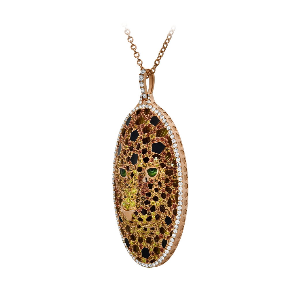 18KT Rose Gold & Sterling Silver Enamel, Tsavorite & Diamond Leopard Pendant