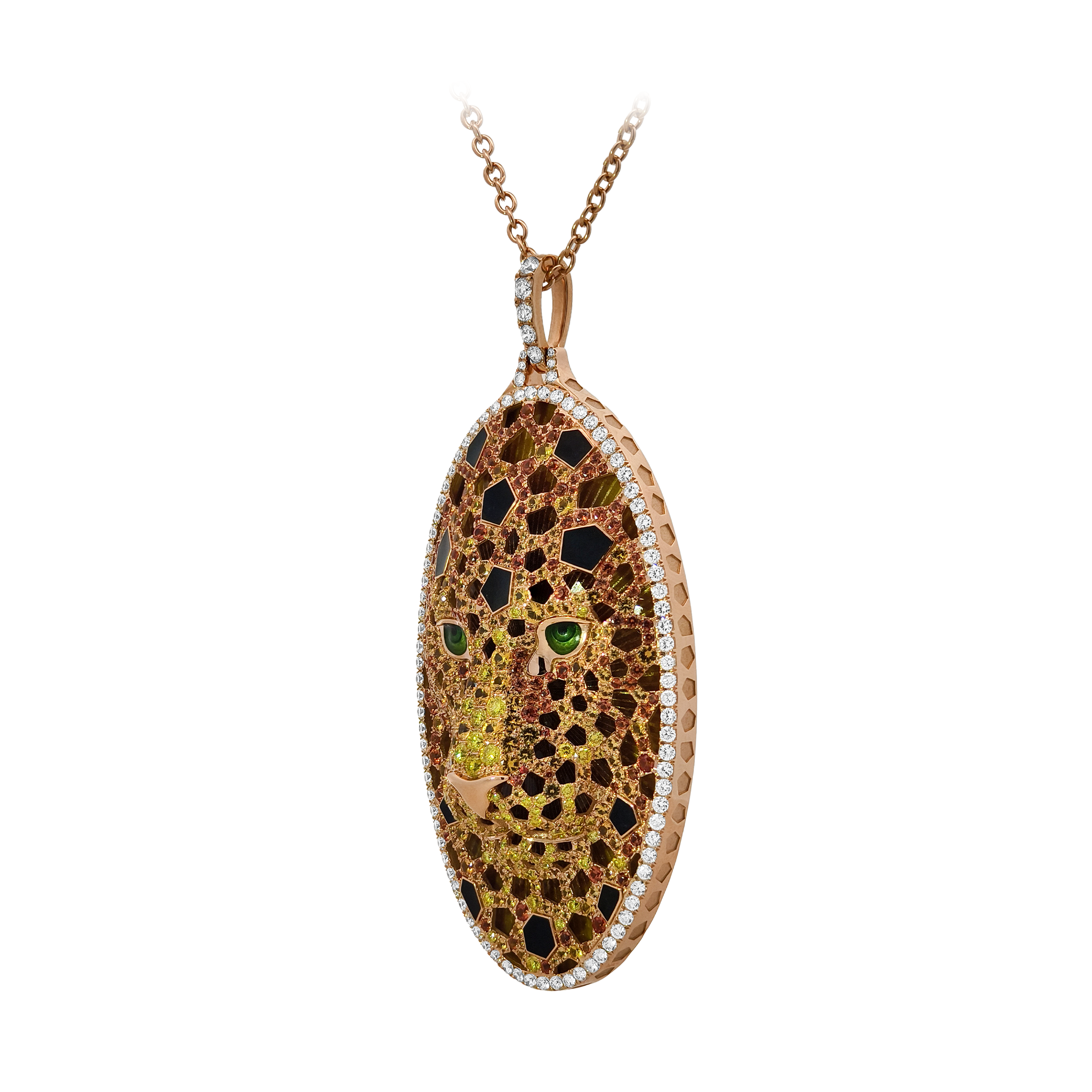18KT Rose Gold & Sterling Silver Enamel, Tsavorite & Diamond Leopard Pendant