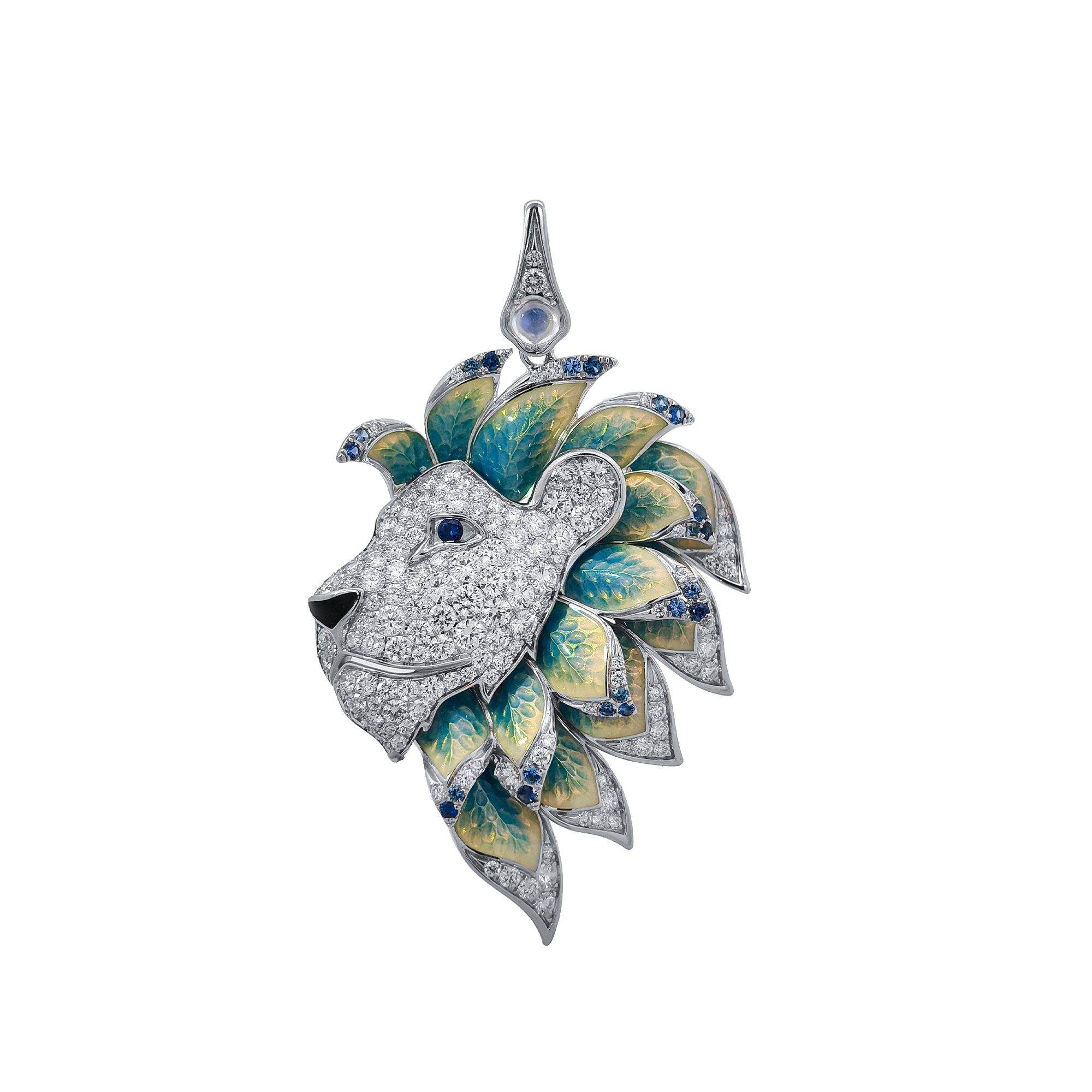 18KT Yellow Gold Enamel, Moonstone, Sapphire & Diamond Pendant