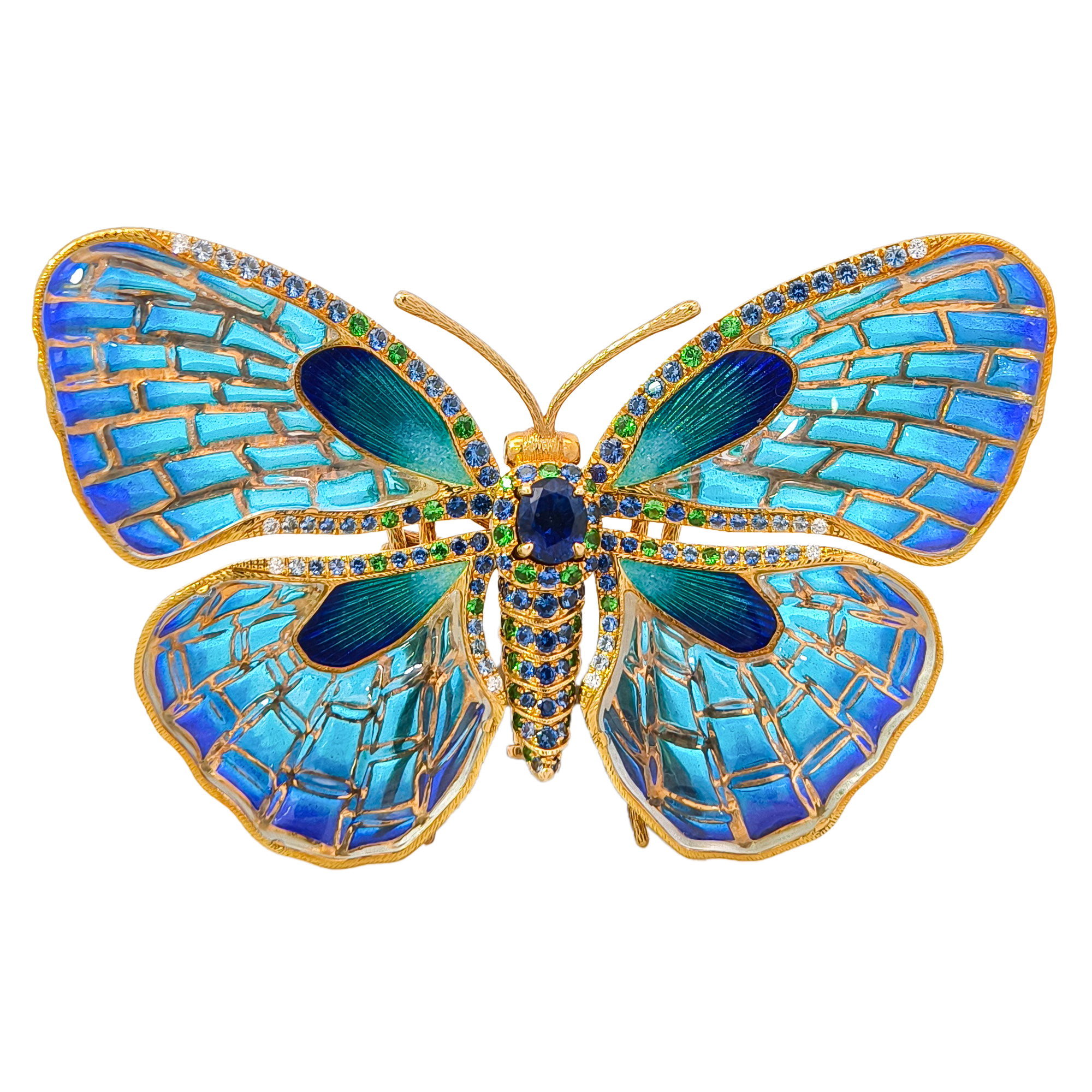 18K Yellow Gold Butterfly Brooch with Enamel, Sapphire, Tsavorite & Diamond
