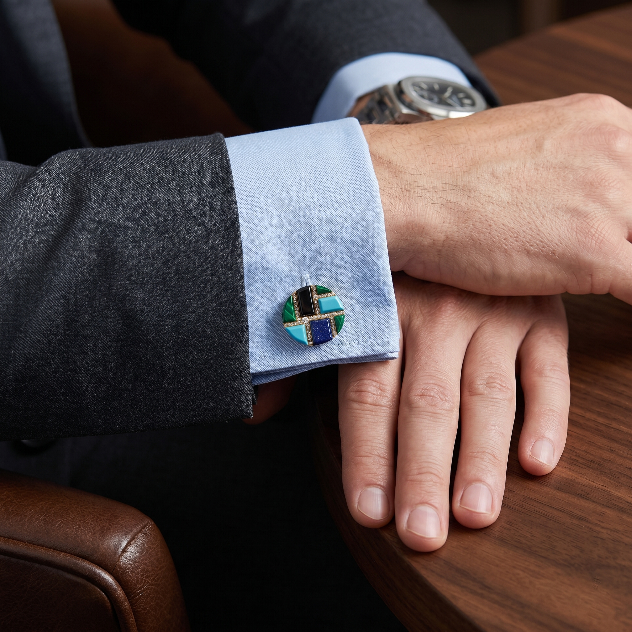 Onyx, White MOP, Malachite,Tiger's Eye, Red Jade, Lapis, Turquoise &  Diamond Cufflinks