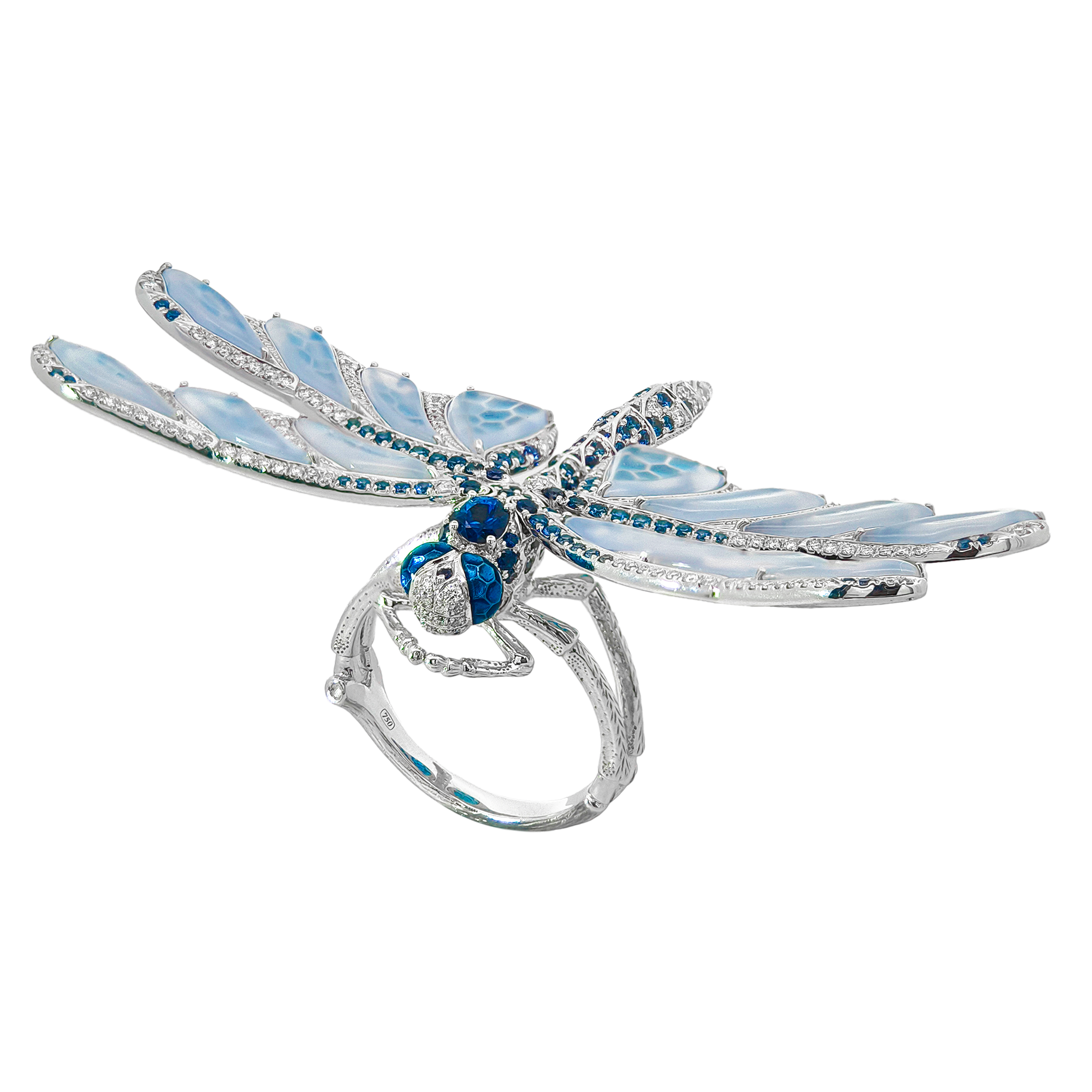 18K White Gold Dragonfly Statement Ring with Sapphires, Diamonds, Blue Chalcedony & Enamel