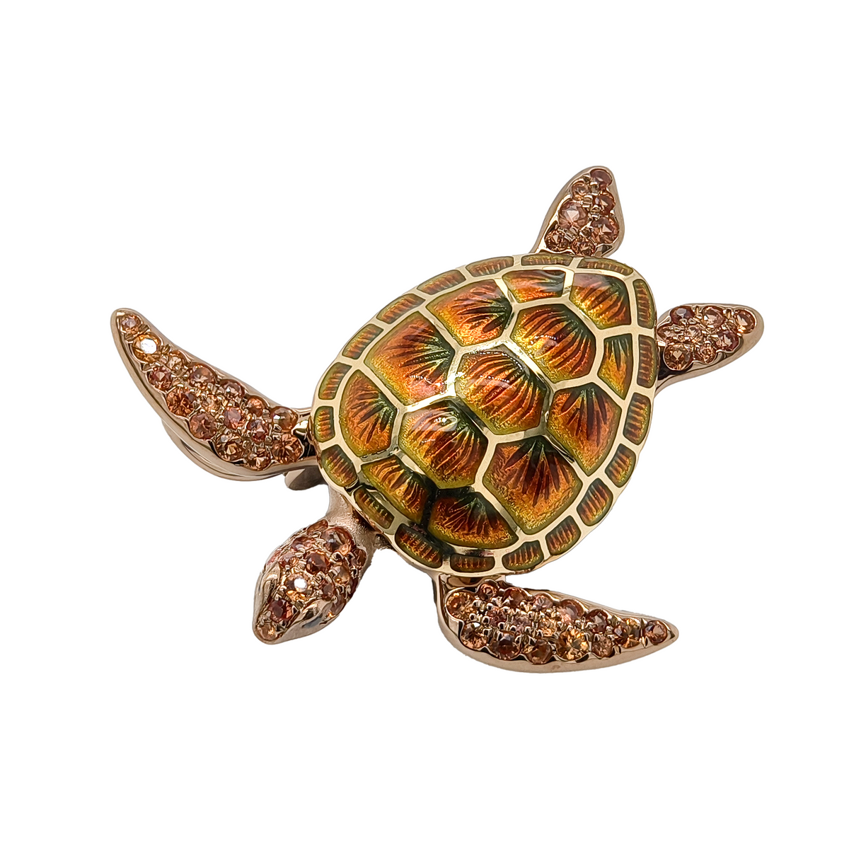 18KT Yellow Gold with Enamel, Orange Sapphire & Black Diamond Turtle Brooch / Pendant
