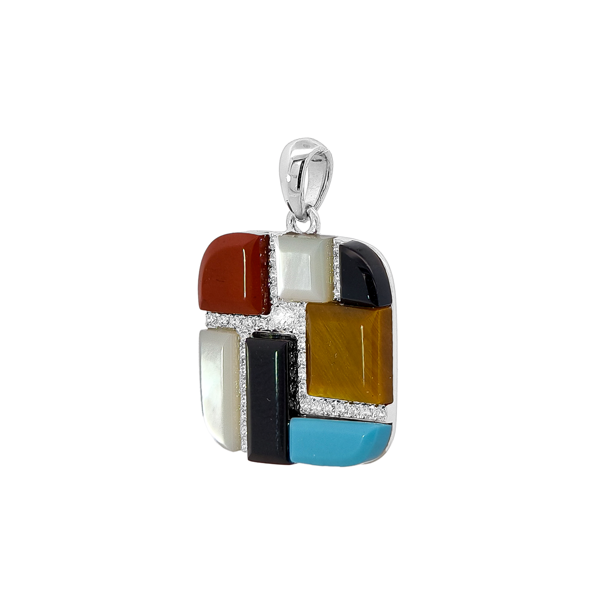 Onyx, White MOP, Tiger's Eye, Red Jade,Turquoise & Diamond Pendant