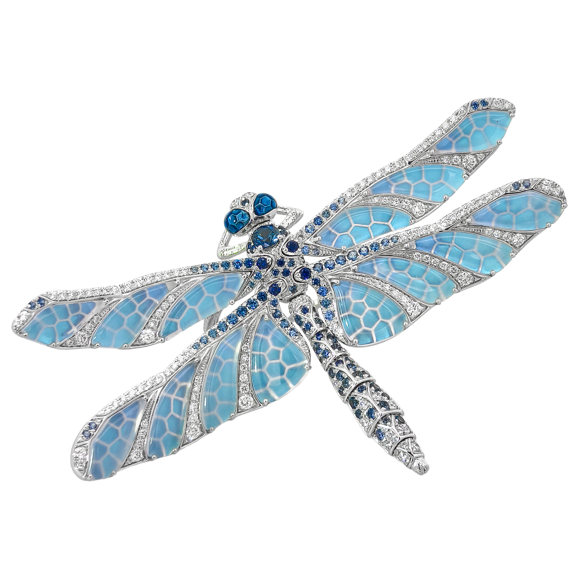 18K White Gold Dragonfly Statement Ring with Sapphires, Diamonds, Blue Chalcedony & Enamel