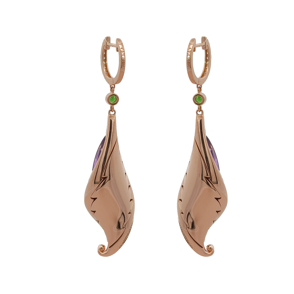 18KT Rose Gold Amethyst, Tsavorite, Enamel & Diamond Earrings