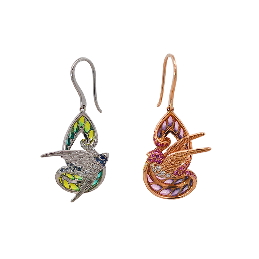 18KT White & Rose Gold Duet Earrings with Sapphires, Enamel & Diamonds