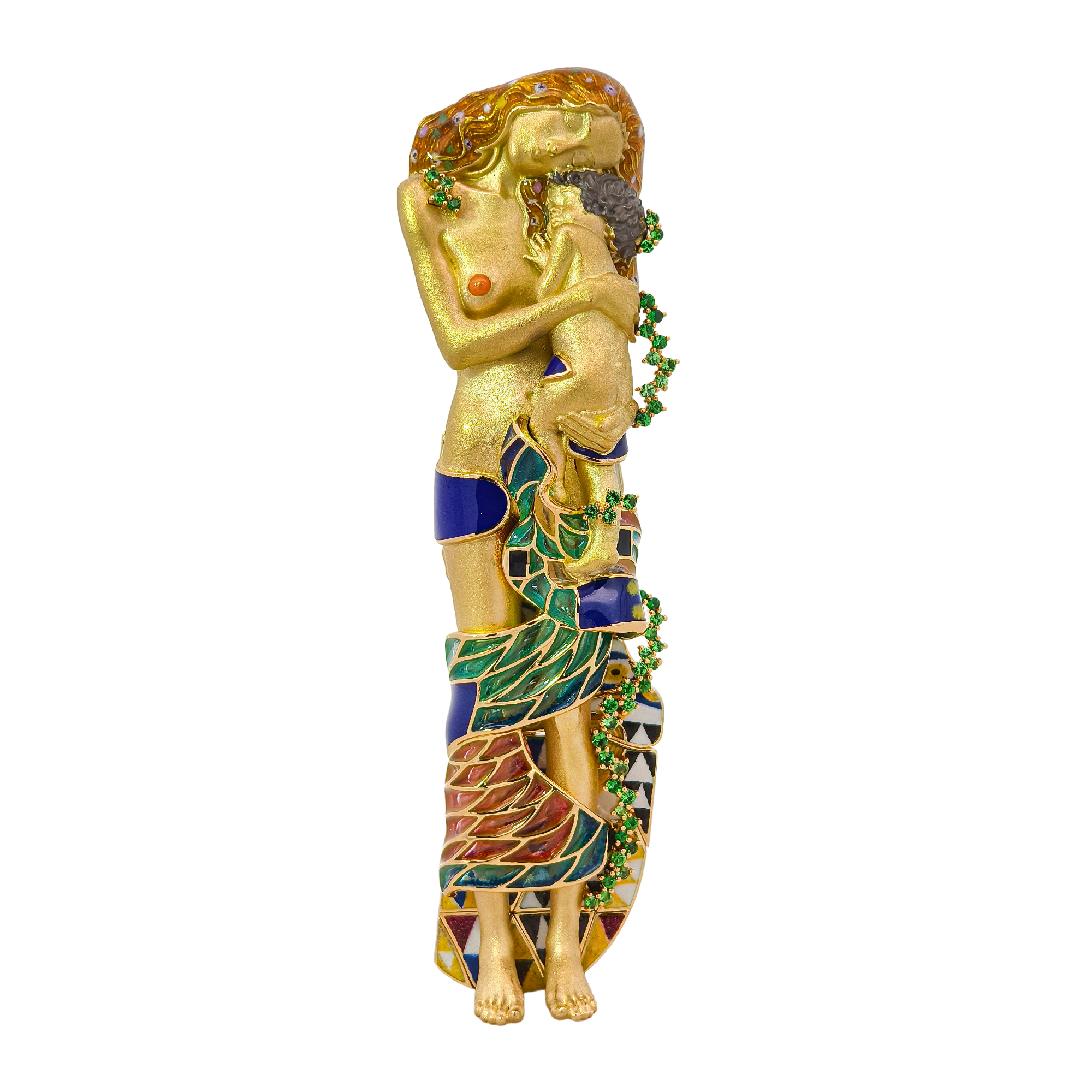 18K Yellow Gold "Three Ages of Woman" Brooch with Enamel & Tsavorite