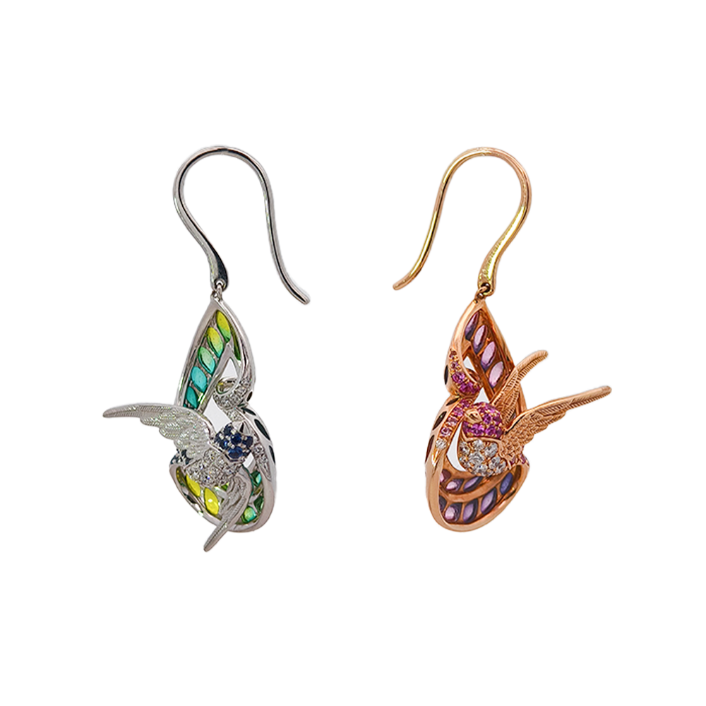 18KT White & Rose Gold Duet Earrings with Sapphires, Enamel & Diamonds
