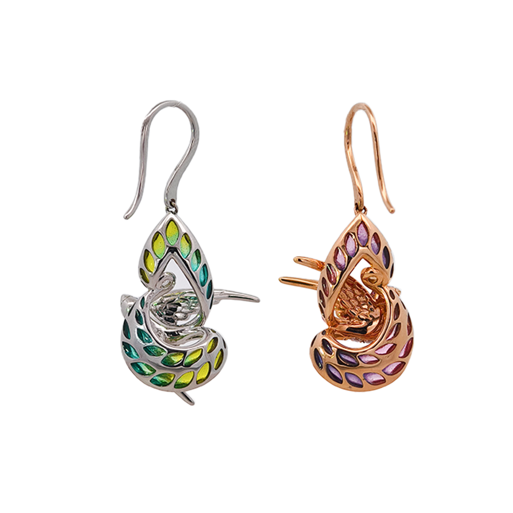 18KT White & Rose Gold Duet Earrings with Sapphires, Enamel & Diamonds
