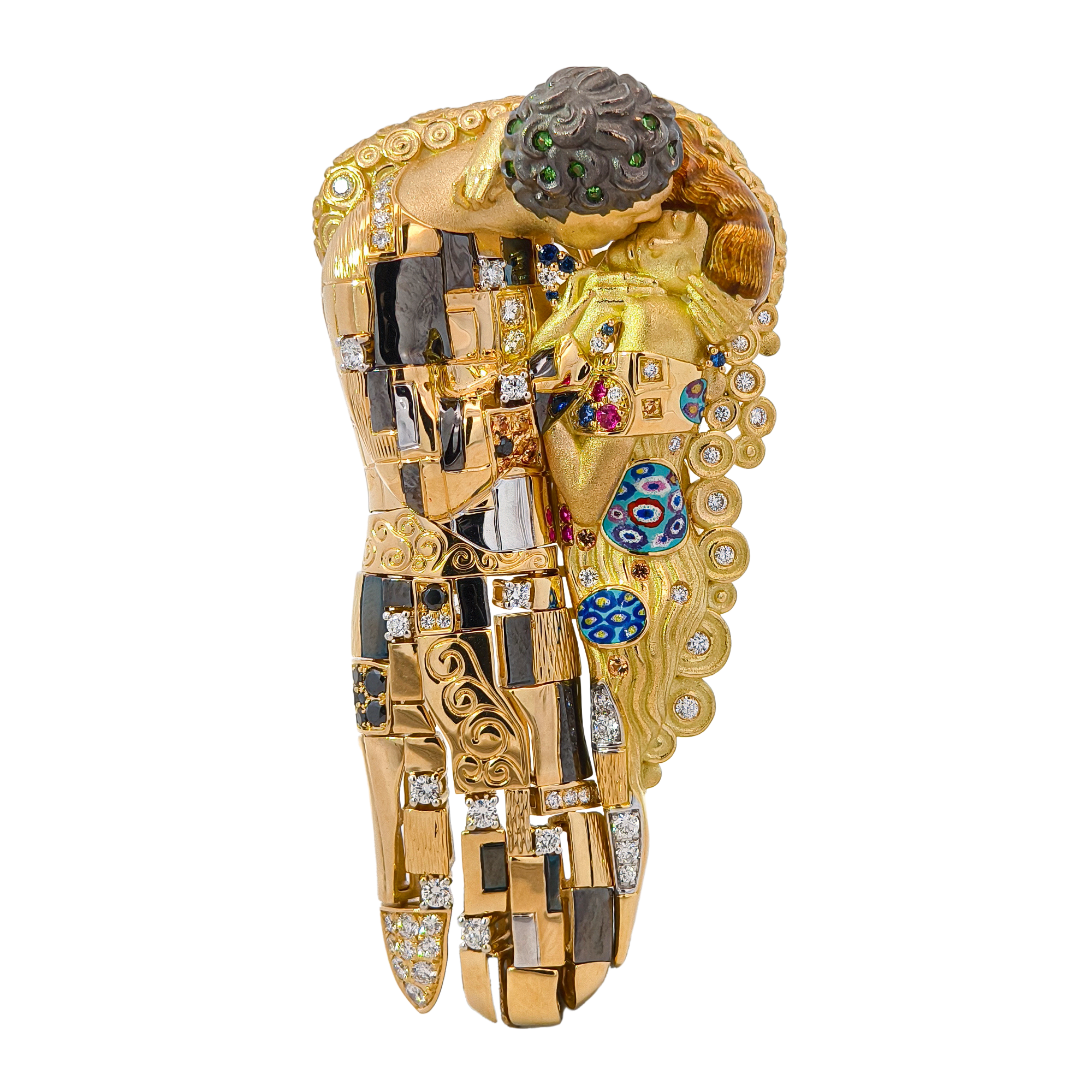 18K Yellow Gold "The Kiss" Brooch with Enamel, Multi-Gems & Diamond