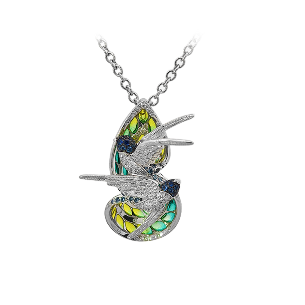 18KT White Gold Duet Pendant with Enamel, Sapphires & Diamonds